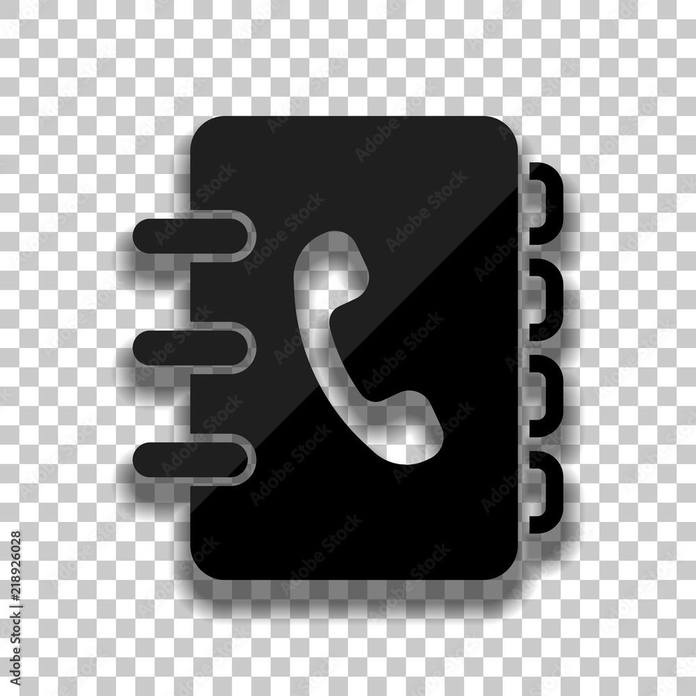 address book with phone sign on cover. simple icon. Black glass address book with phone sign on cover. simple icon. Black glass