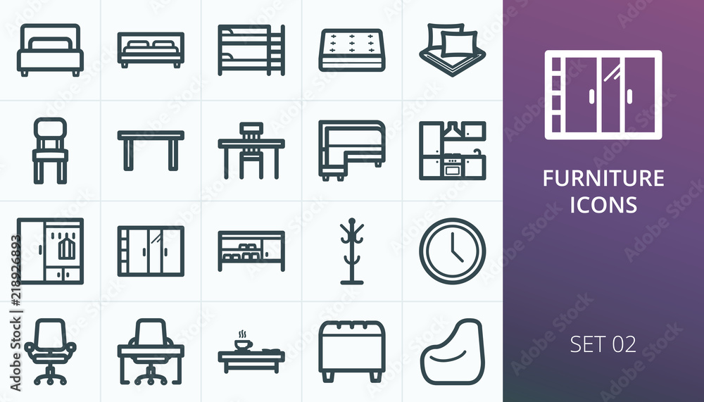 Furniture and interior icons set. Kit of beds, chairs, table, mattress, kitchen, office, closets Furniture and interior icons set. Kit of beds, chairs, table, mattress, kitchen, office, closets