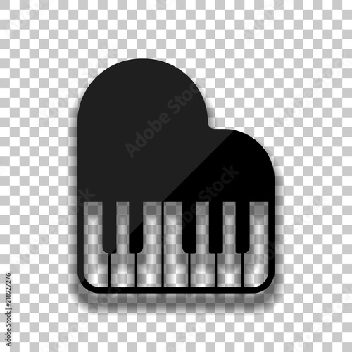 Grand piano icon. Black glass icon with soft shadow on transpare