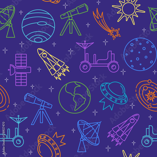 Colorful seamless pattern with space icons in thin line style