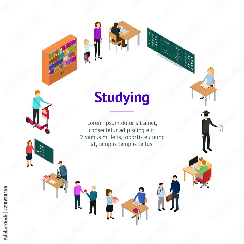 Children Student and Teacher Banner Card Circle Isometric View. Vector Children Student and Teacher Banner Card Circle Isometric View. Vector