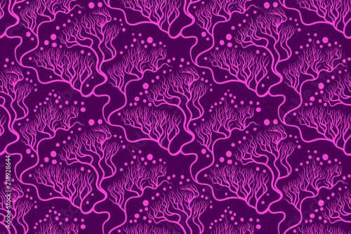 Seamless vector Japanese style tree pattern. Pink and violet color tones. Hand drawing