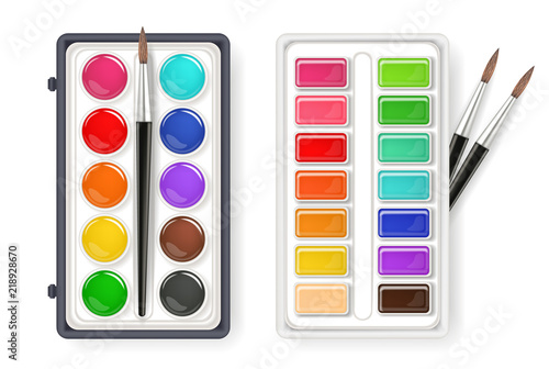Watercolor palette drawing set with brushes isolated on white. Aquarelle different type of colors