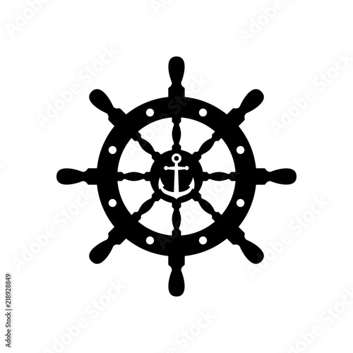 Icono plano ancla en espacio negativo en timon en color negro