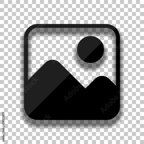 Simple picture icon. Black glass icon with soft shadow on transp