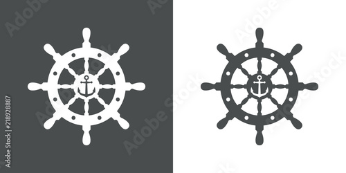 Icono plano ancla en espacio negativo en timon en gris y blanco