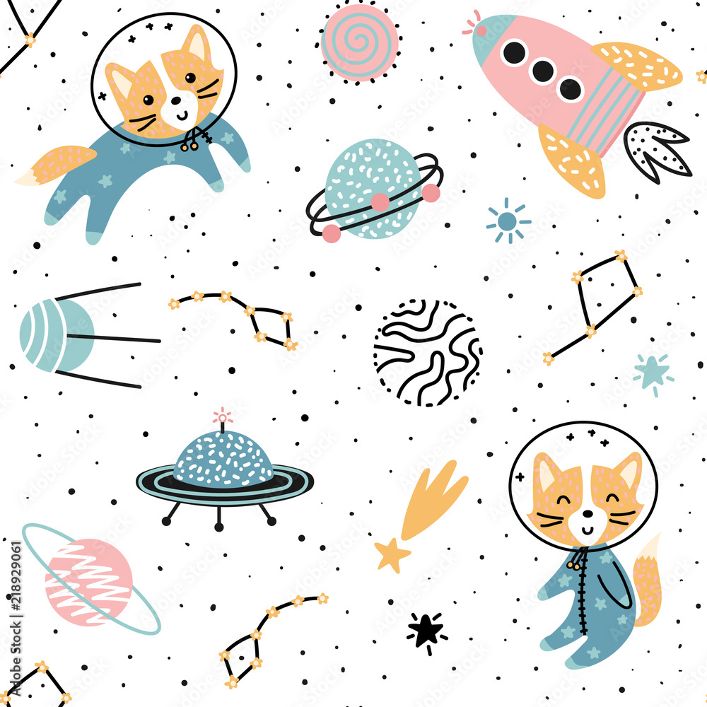Fototapeta premium Cosmic seamless pattern with cute foxes