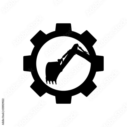 Icono plano excavadora en engranaje en color negro