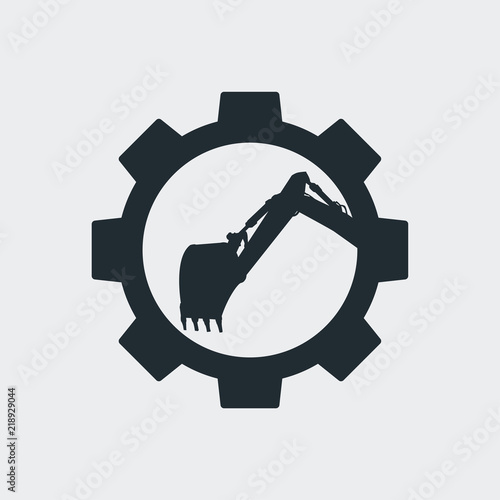 Icono plano excavadora en engranaje en fondo gris