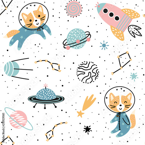 Cosmic seamless pattern with cute foxes