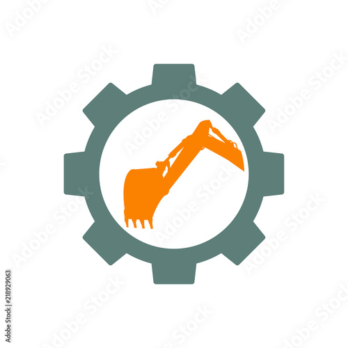 Icono plano excavadora en engranaje en gris y naranja