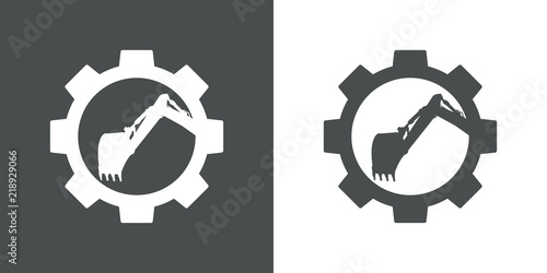 Icono plano excavadora en engranaje en gris y blanco