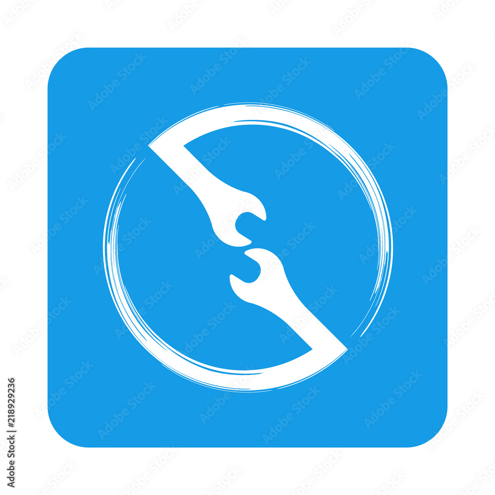 Icono plano llaves girando en circulo en cuadrado azul Icono plano llaves girando en circulo en cuadrado azul