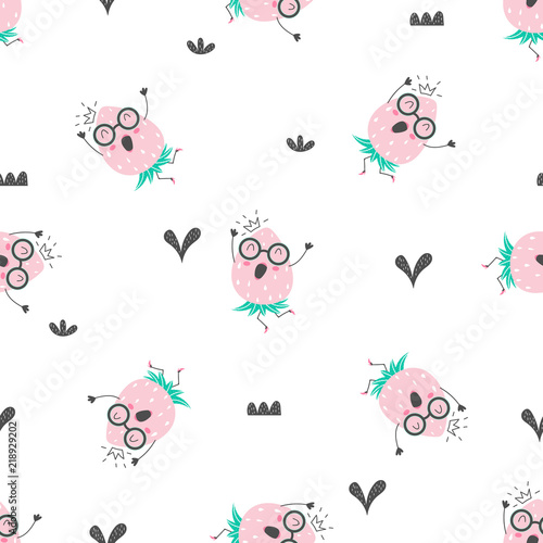 Seamless pattern with a funny strawberry