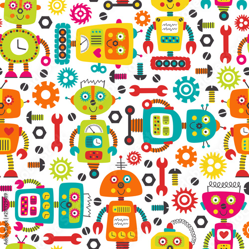 seamless pattern with colorful robots on white background - vector illustration, eps