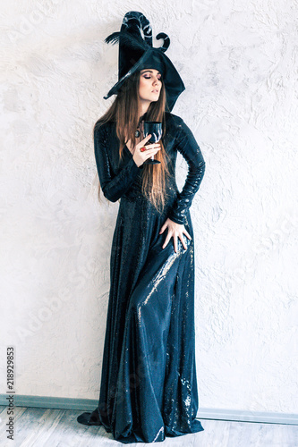 Halloween Witch in Black Dress