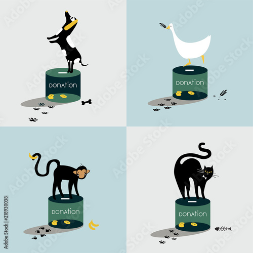 Collage of animals standing on a donation box