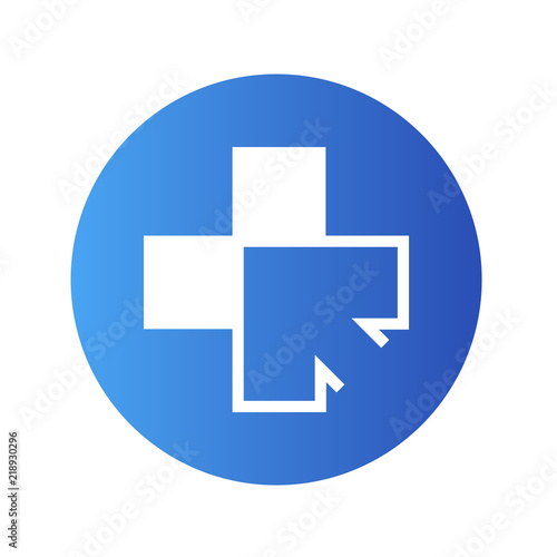 Icono plano cruz sanidad con flecha en circulo azul