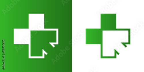 Icono plano cruz sanidad con flecha en verde y blanco