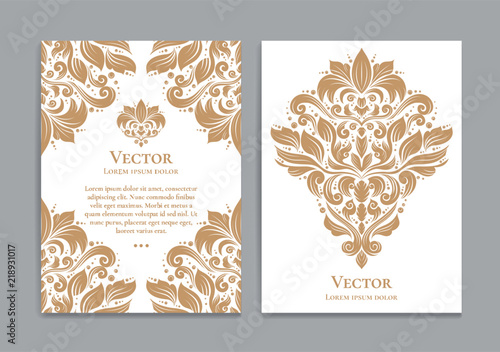 Gold and white vintage greeting card. Luxury vector ornament template. Great for invitation, flyer, menu, brochure, postcard, background, wallpaper, decoration, packaging or any desired idea photo