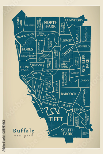 Modern City Map - Buffalo New York city of the USA with neighborhoods and titles