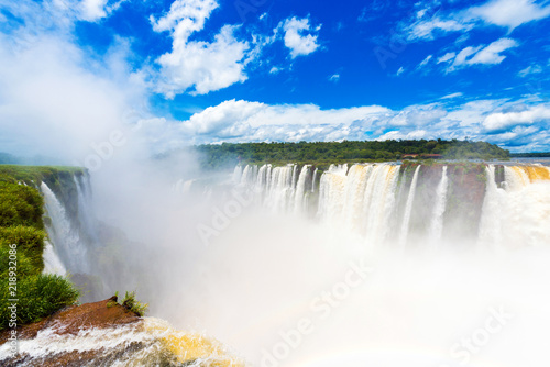 View of the waterfall on the Iguazu river, located on the border of Brazil and Argentina. Copy space for text.