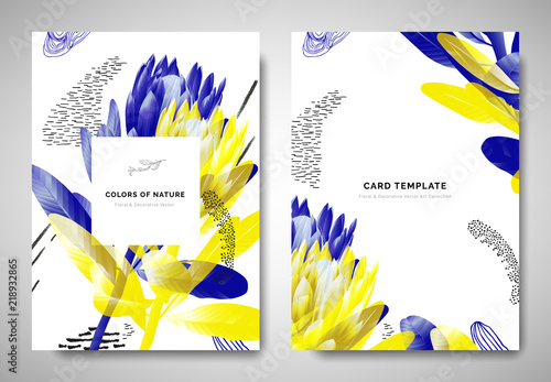Fototapeta Naklejka Na Ścianę i Meble -  Greenery greeting/invitation card template design, blue and yellow protea flowers with hand drawn doodle graphics on white background