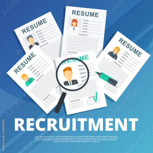 Recruiting, searching and recruiting employees for vacancies in office, at enterprise, in private business. Work and professional growth and career of employees. Flat vector cartoon illustration.