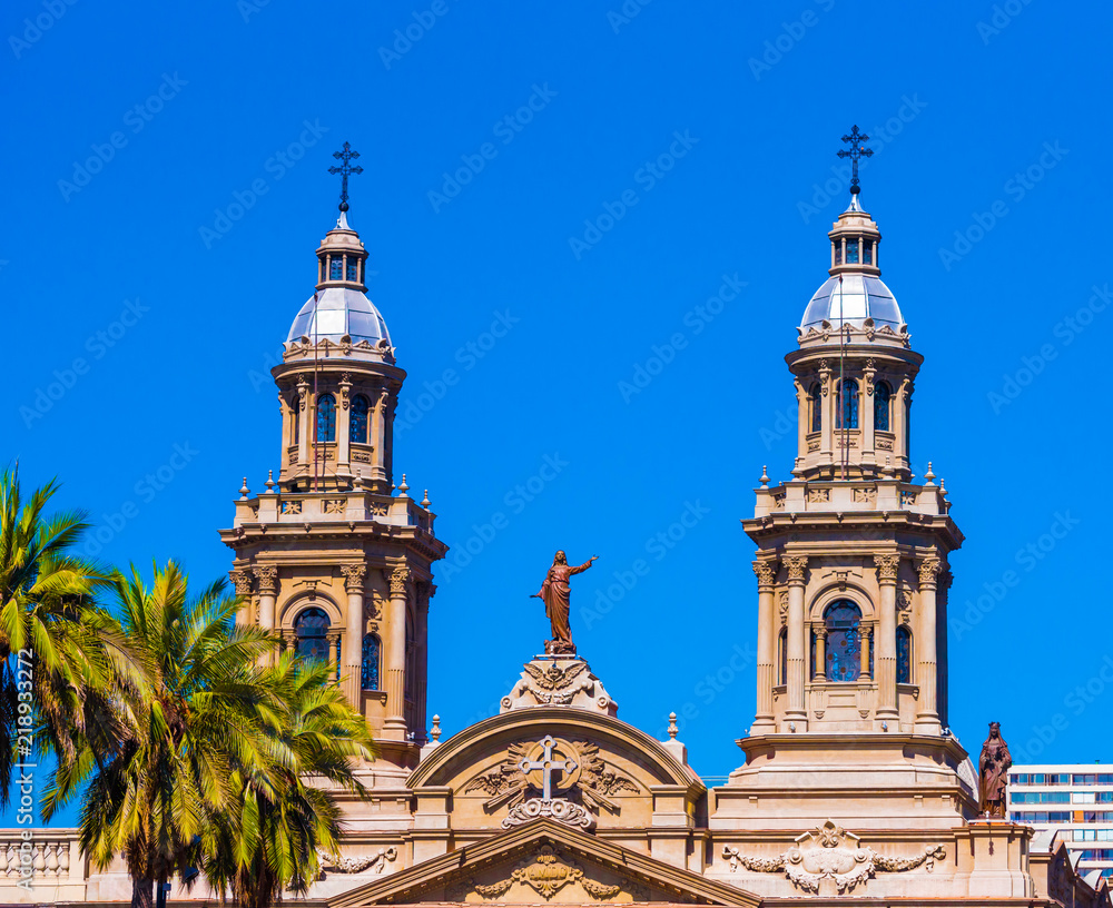 View of the cathedral, Santiago, Chile. Isolated on blue background. Copy space for text.