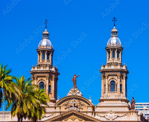 View of the cathedral, Santiago, Chile. Isolated on blue background. Copy space for text. © ggfoto