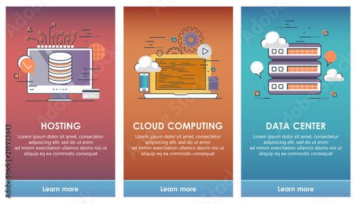 On boarding screens for mobile app templates concept. Cloud computing, hosting, data center. Vector illustration flat design