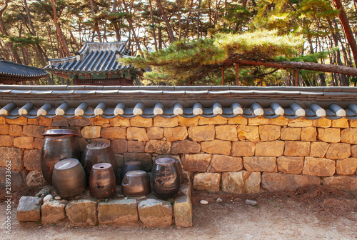 Canvas Print Kimchi pots at Danjong banishment place at Cheongryeongpo cape