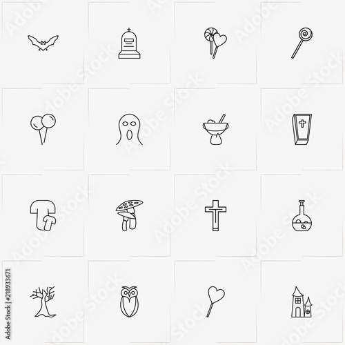 Halloween line icon set with mushrooms, christian cross and owl