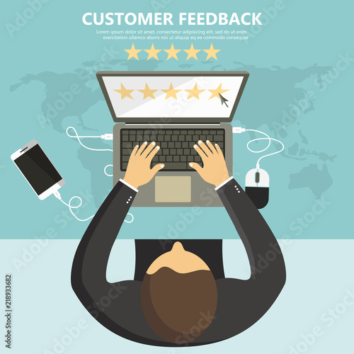 Rating on customer service illustration. Man sitting at the table and holding his tablet with five stars on the screen. Website rating feedback and review concept. Flat vector illustration