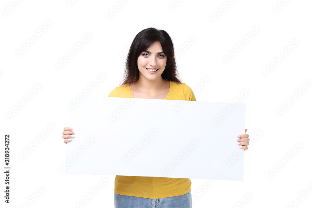 Young woman holding blank board on white background Young woman holding blank board on white background