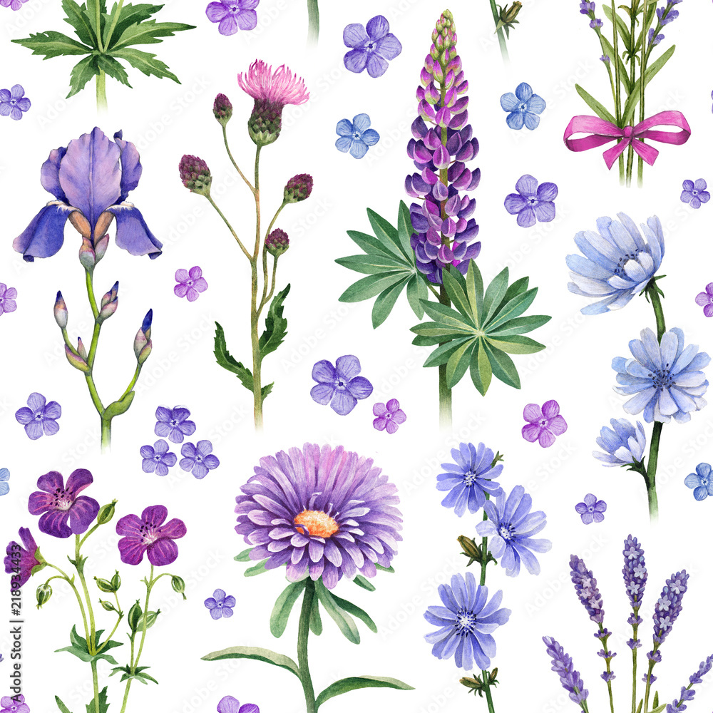 Watercolor illustrations of blue and purple flowers. Seamless pattern