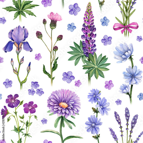 Fototapeta Naklejka Na Ścianę i Meble -  Watercolor illustrations of blue and purple flowers. Seamless pattern
