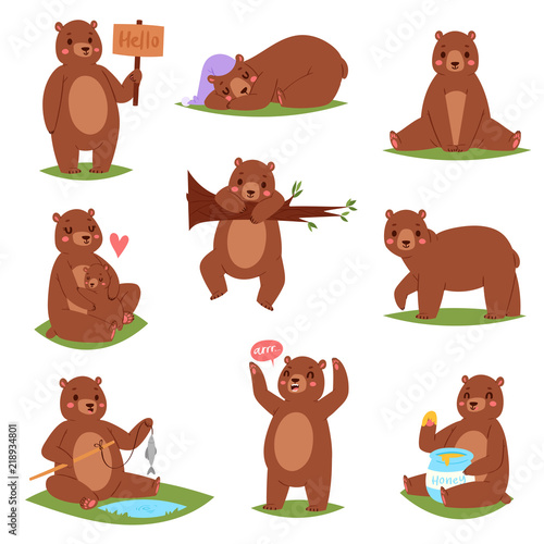 Bear vector set cartoon animal character and cute brown grizzly eating honey illustration animalistic set of childish teddybear playing or hugging with she-bear isolated on white background