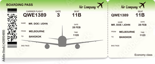 Airline boarding pass ticket in with green color on white background. Vector illustration.