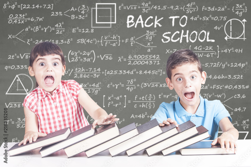 Funny back to school concept with frightened school kids Stock Photo ...