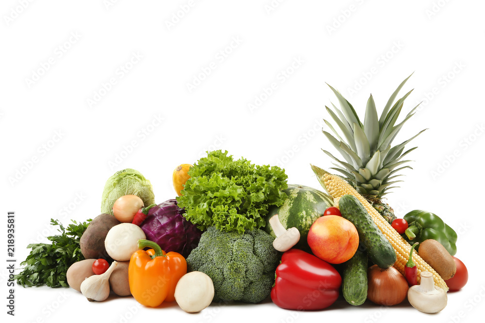 Ripe fruits and vegetables on white background Ripe fruits and vegetables on white background
