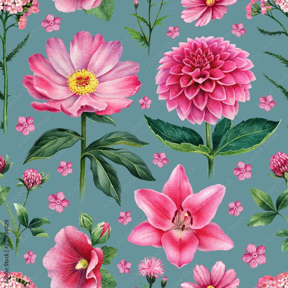 Watercolor illustrations of pink flowers. Seamless pattern