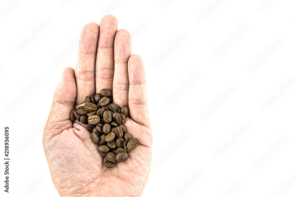 Coffee bean in hand isolated on white background