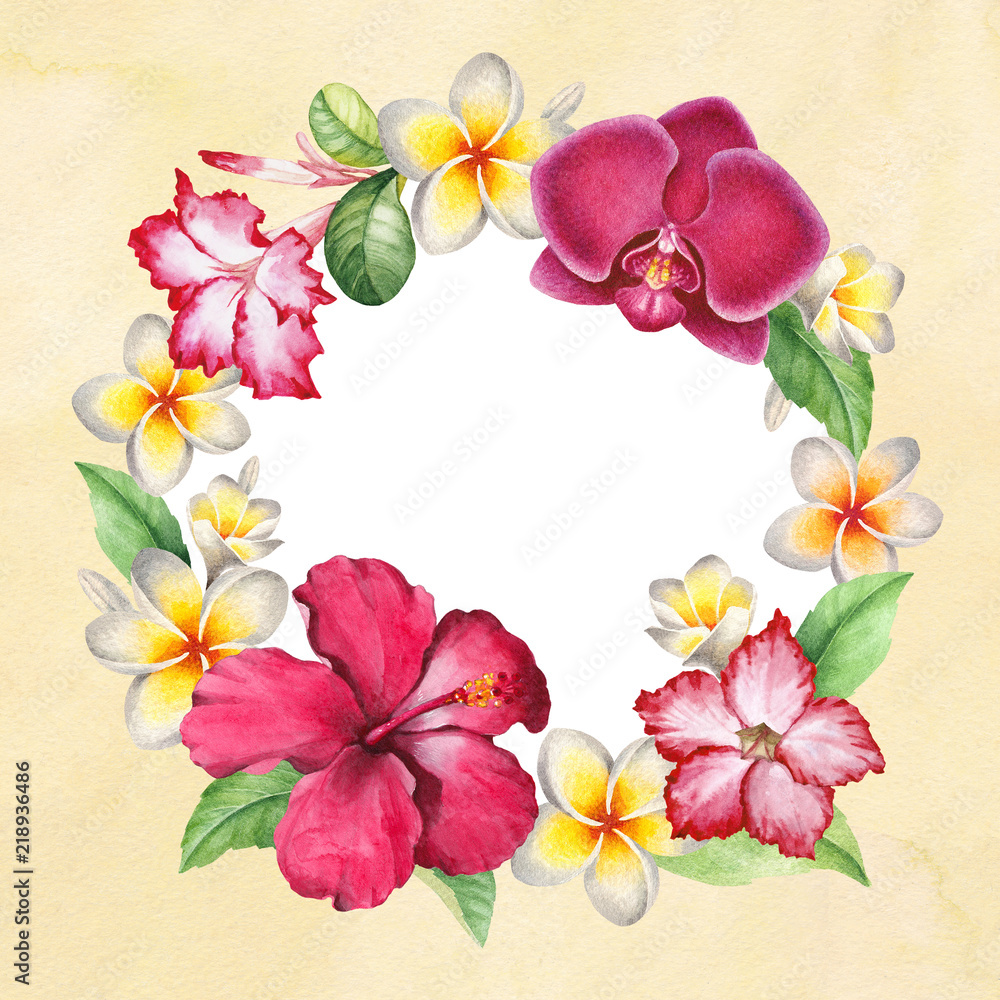 Watercolor background. Tropical floral wreath