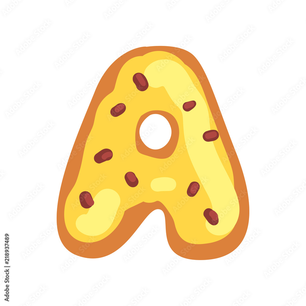 A letter in the shape of sweet glazed cookie, bakery edible font of English alphabet vector Illustration on a white background A letter in the shape of sweet glazed cookie, bakery edible font of English alphabet vector Illustration on a white background