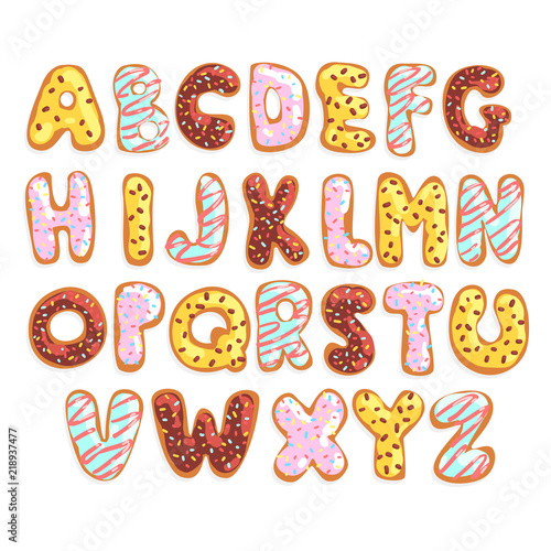 Sweet cookie English alphabet, edible bakery letters in the shape of glazed cookies vector Illustration on a white background