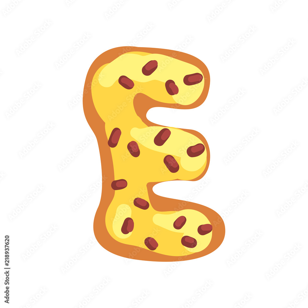 E letter in the shape of sweet glazed cookie, bakery edible font of English alphabet vector Illustration on a white background E letter in the shape of sweet glazed cookie, bakery edible font of English alphabet vector Illustration on a white background