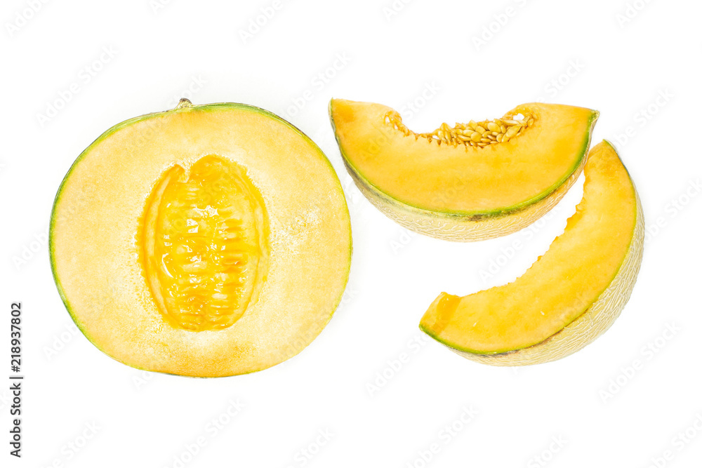 Group of one half two slices of fresh melon cantaloupe variety without seeds flatlay isolated on white background