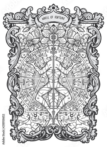 Wheel of fortune. Major Arcana tarot card. The Magic Gate deck. Fantasy engraved vector illustration with occult mysterious symbols and esoteric concept