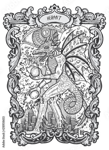 Hermit. Major Arcana tarot card. The Magic Gate deck. Fantasy engraved vector illustration with occult mysterious symbols and esoteric concept